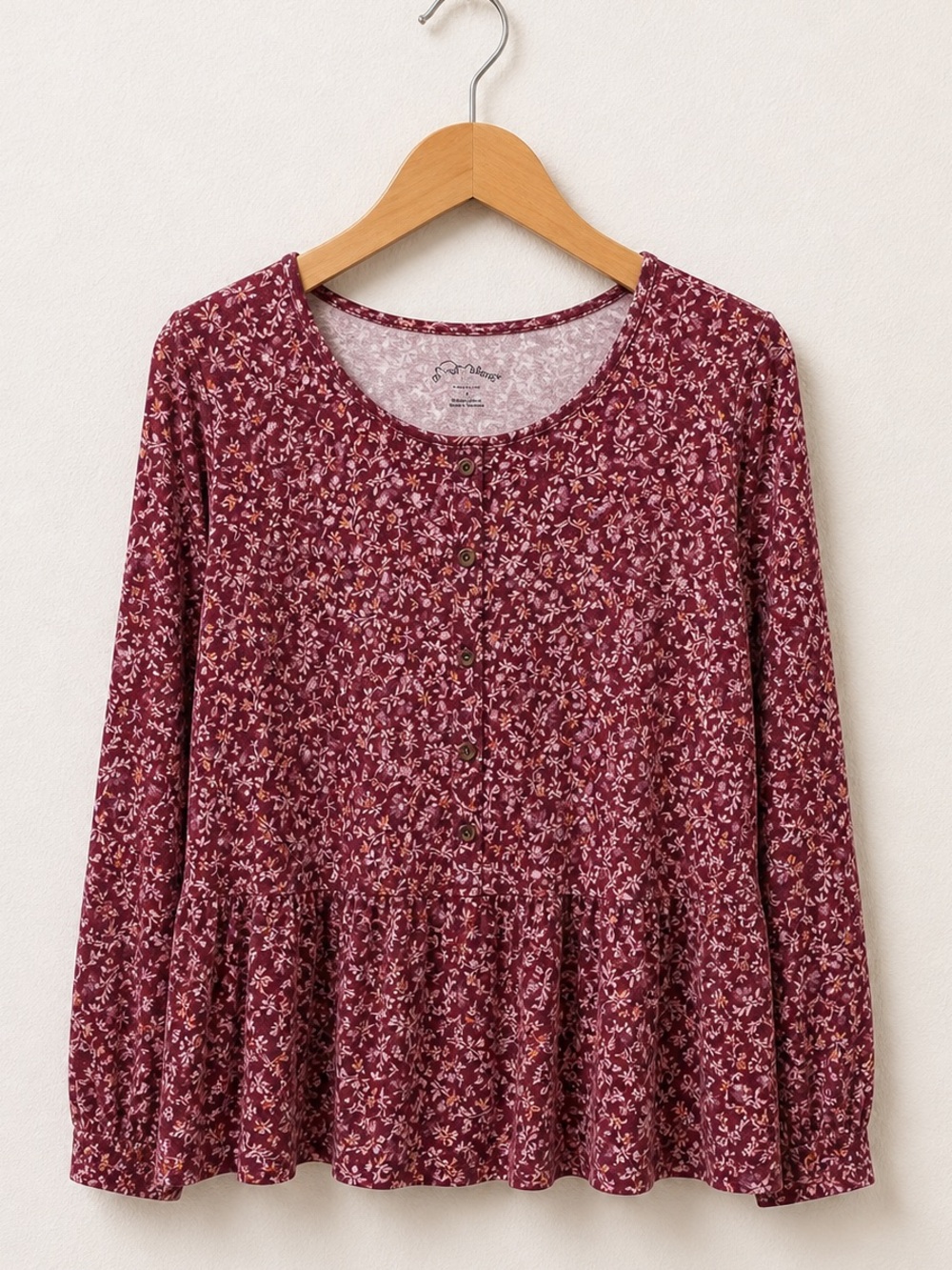 art class Burgundy And Pink Floral Long Ruffle Trim Sleeve Peplum Button Top